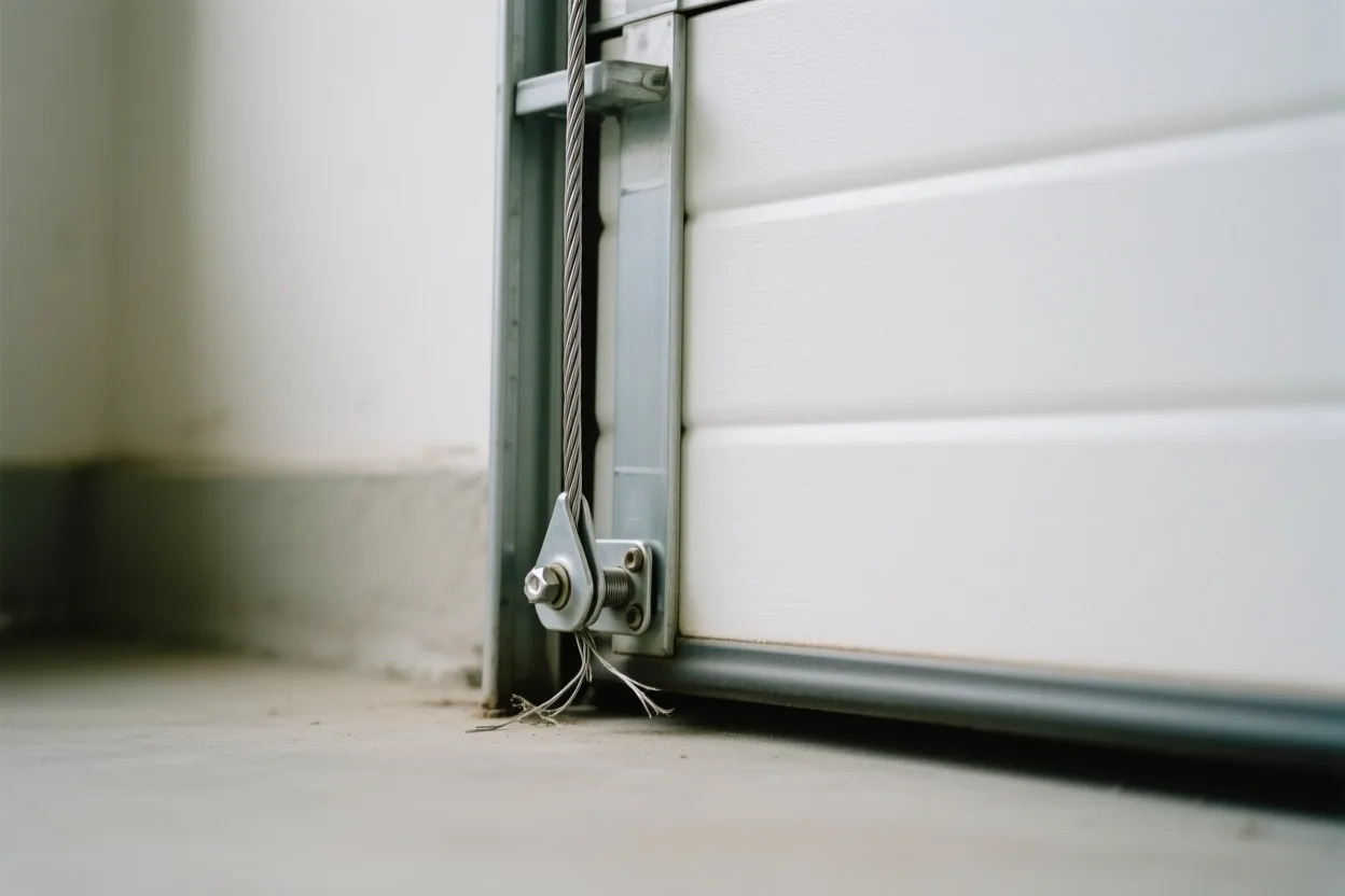 A frayed garage door lift cable at the bottom bracket