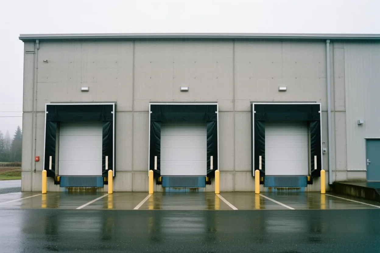 Commercial overhead doors on a warehouse loading dock