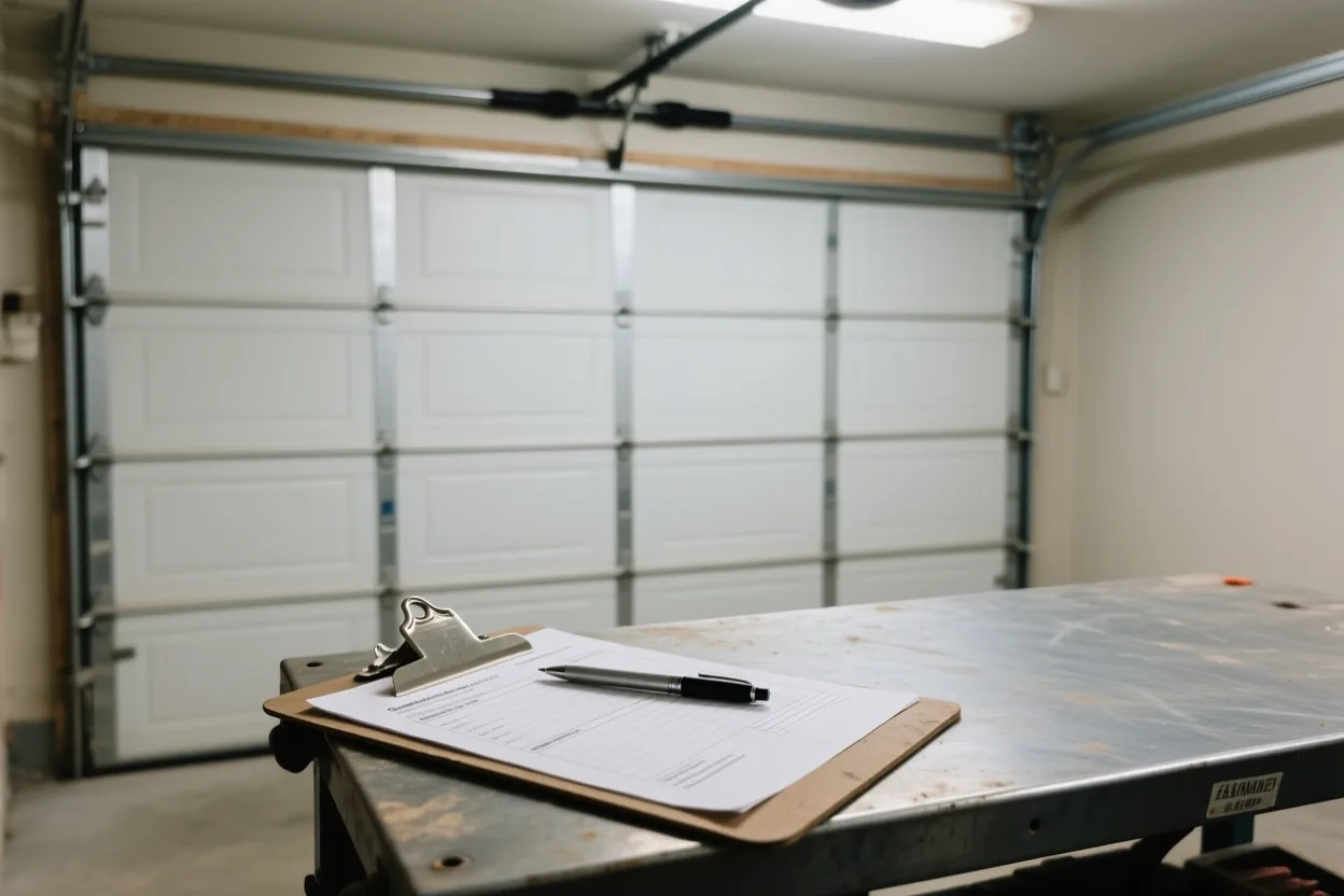 A clipboard with an estimate form on a workbench inside a garage