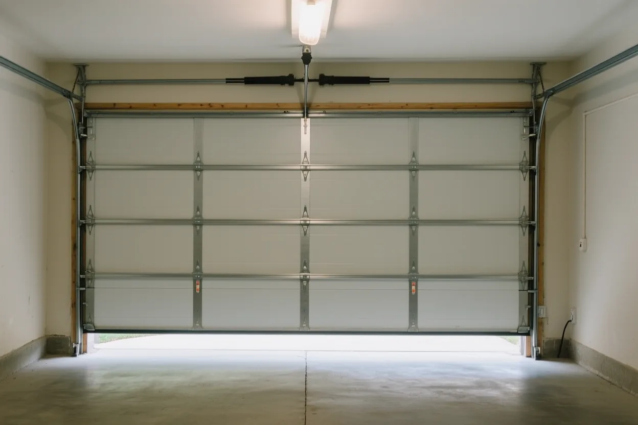 A crooked garage door stuck halfway open on a house at dusk