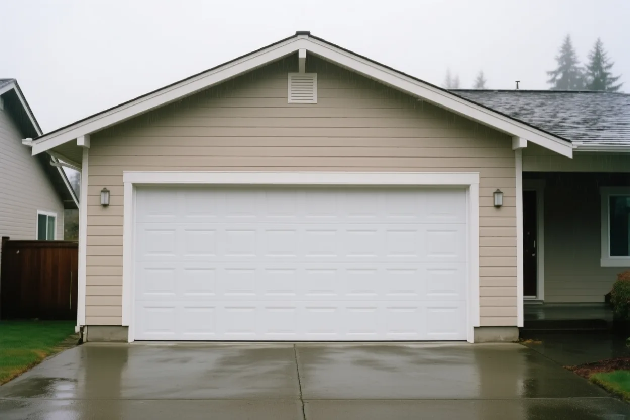 A newly installed white garage door on a suburban house