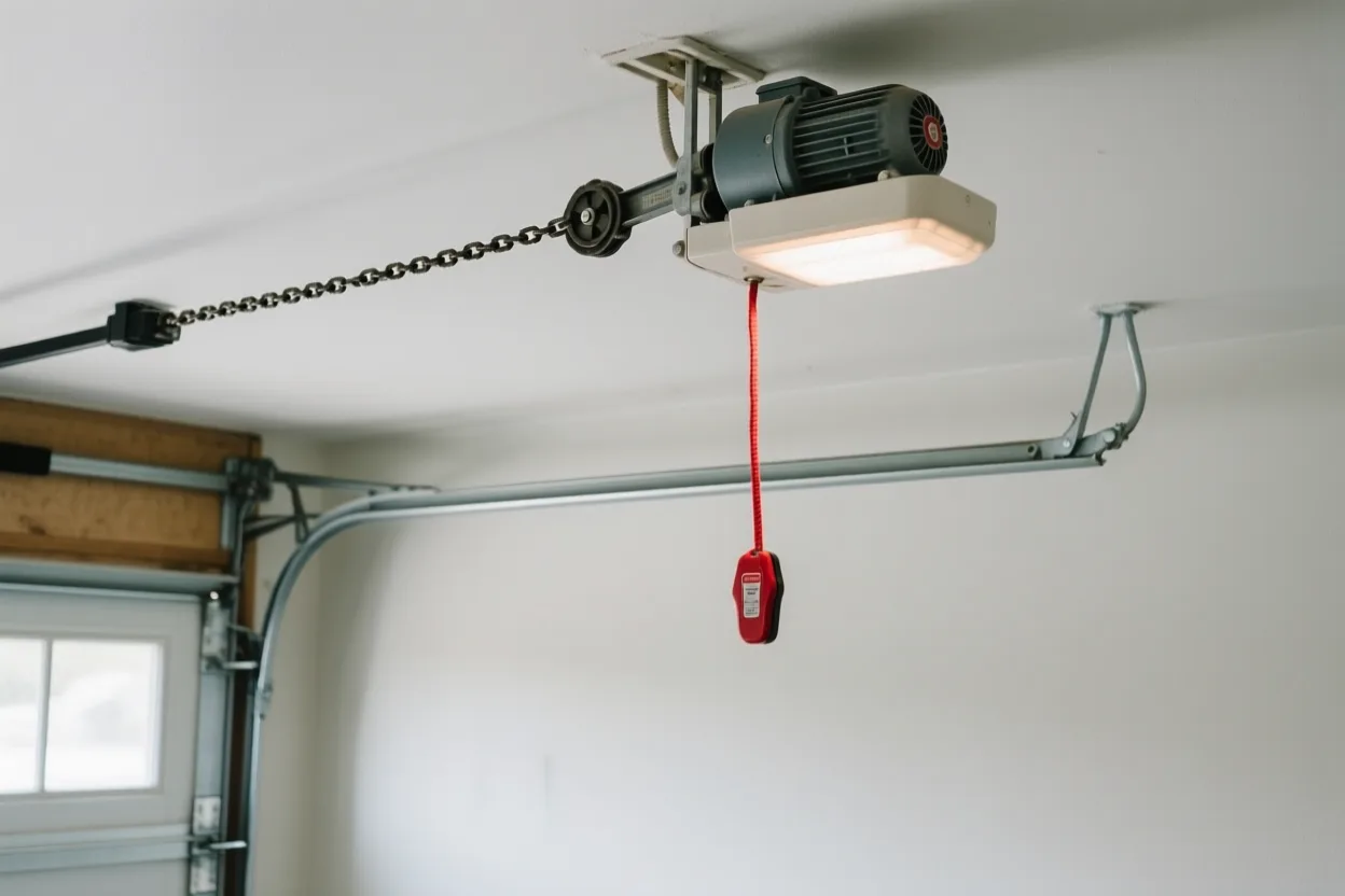 A chain-drive garage door opener mounted on a garage ceiling