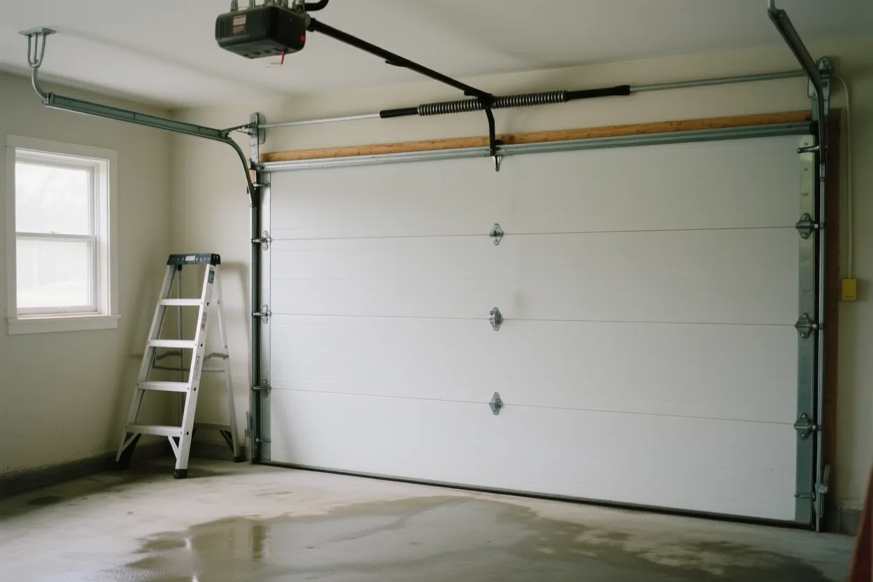 Interior of a sectional garage door showing the torsion spring and opener rail