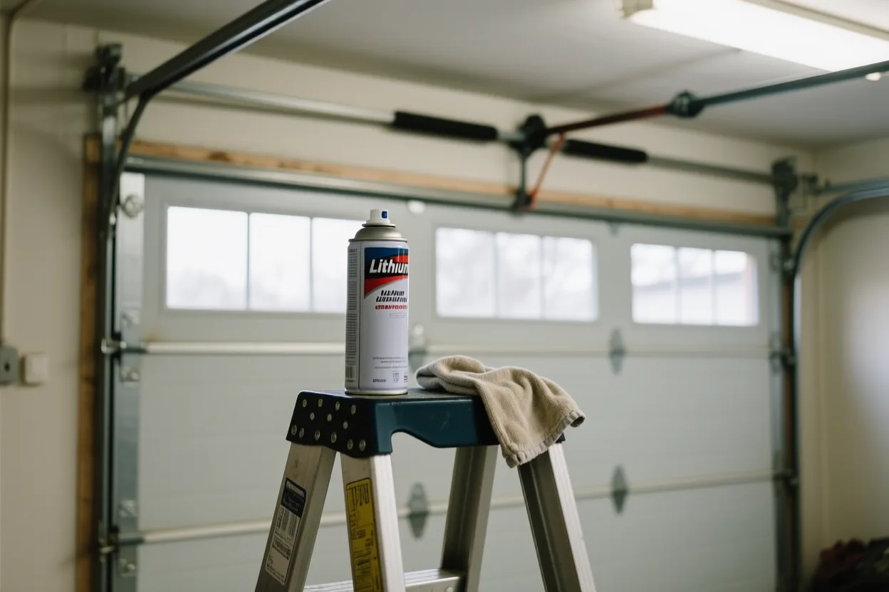 Lubricant and a rag on a stepladder beside a garage door track
