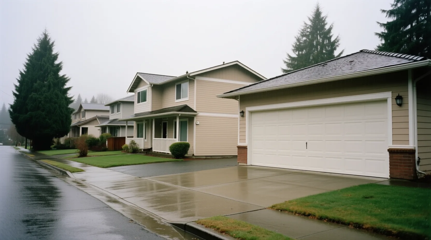 Garage doors on houses along a wet Pacific Northwest suburban street