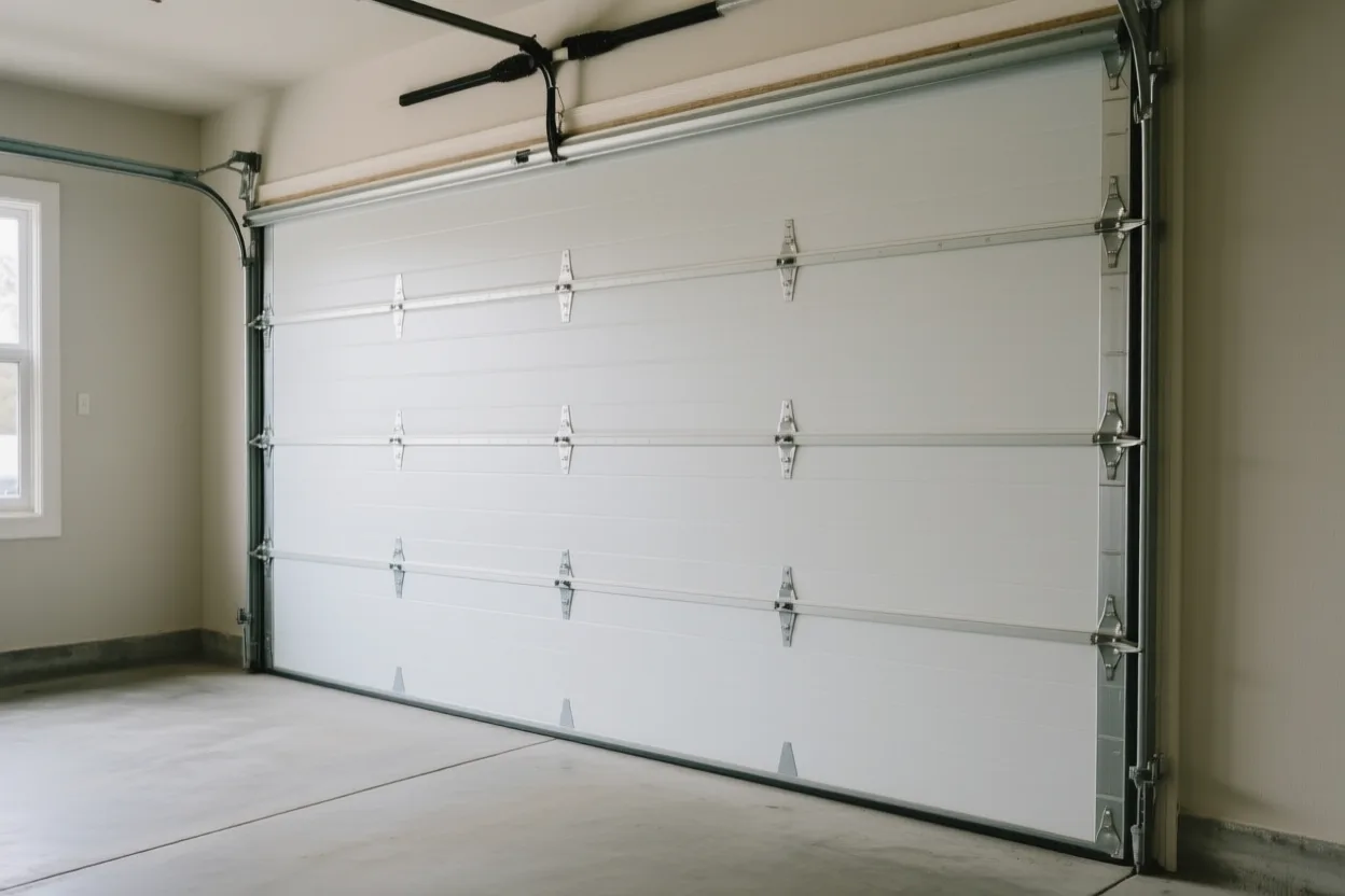 A garage door tilted with a roller popped out of its track