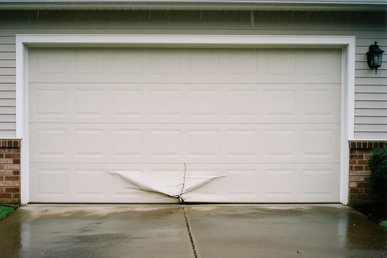 A garage door with a dented bottom panel on a suburban house