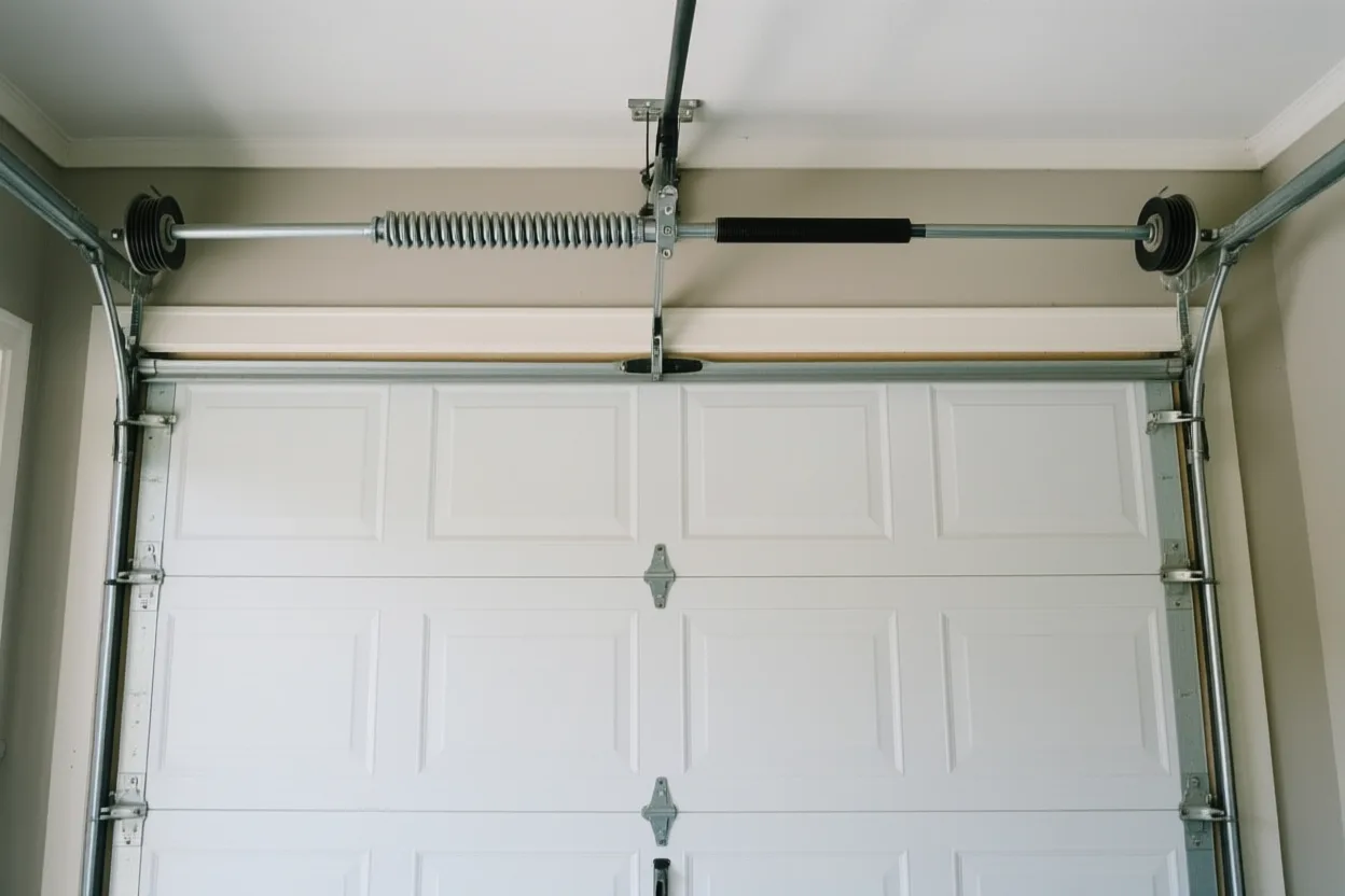 A broken torsion spring with a visible gap on the shaft above a garage door