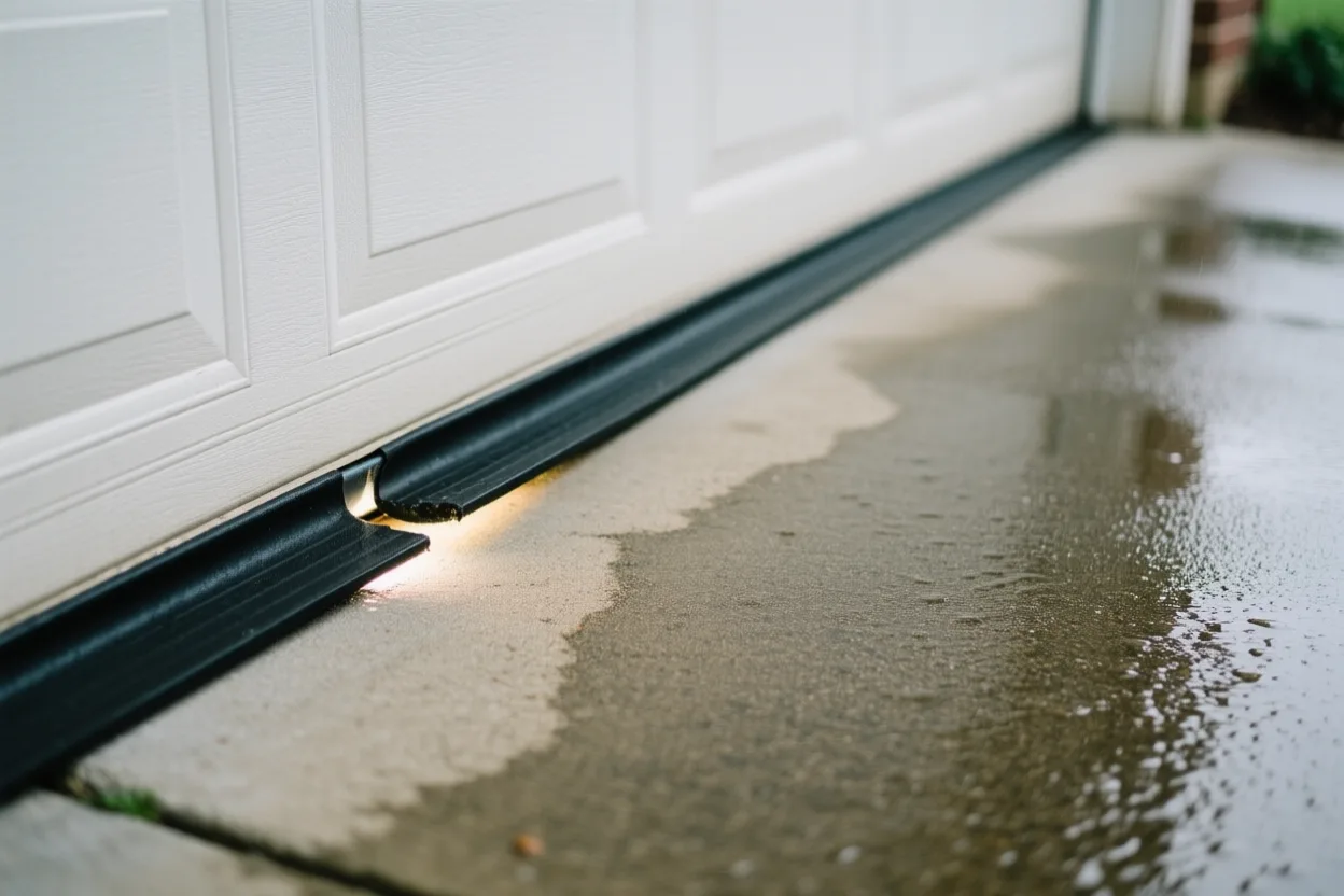 The bottom seal of a garage door meeting a wet driveway